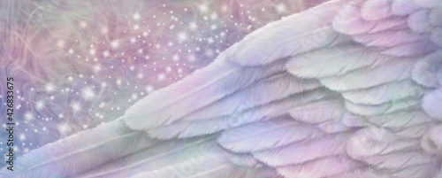 Pastel Angel Wing Message Background Banner -  large detailed angel wing across a wide pale multicoloured gaseous energy field with sparkles behind and space for text and spiritual messages 