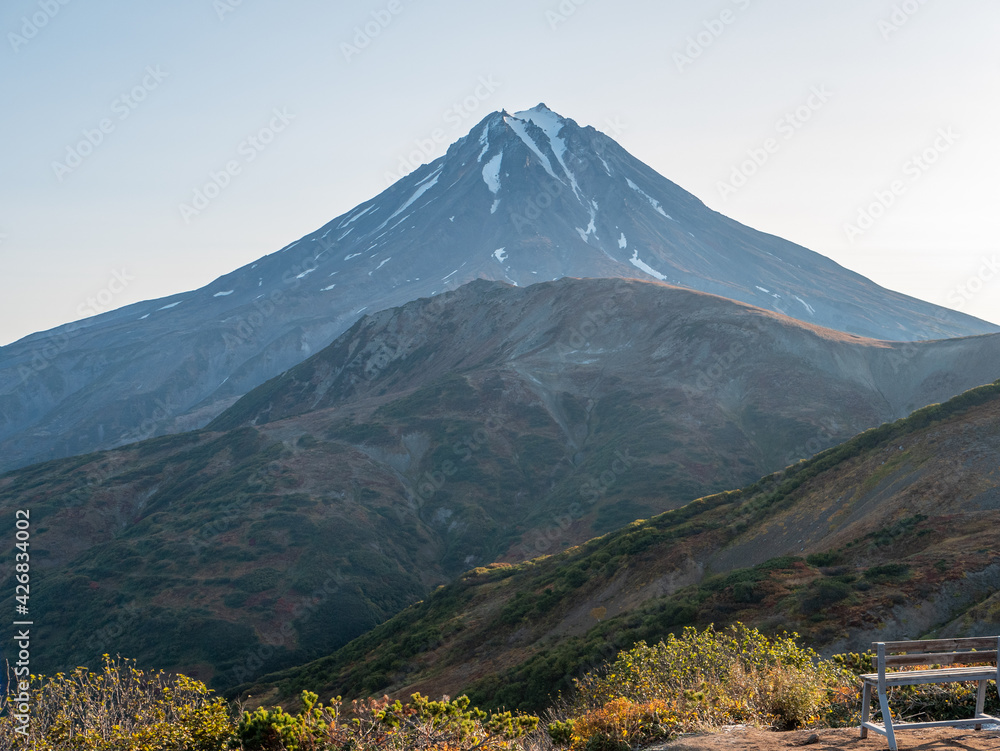 Autumn view of the Vilyuchinsky volcano. Observation deck with excellent views of the volcano. Kamchatka Peninsula, Russia.