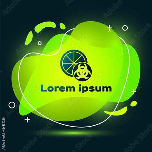 Black Genetically modified citrus fruit icon isolated on black background. Orange in a cut. Healthy lifestyle. GMO fruit. Abstract banner with liquid shapes. Vector