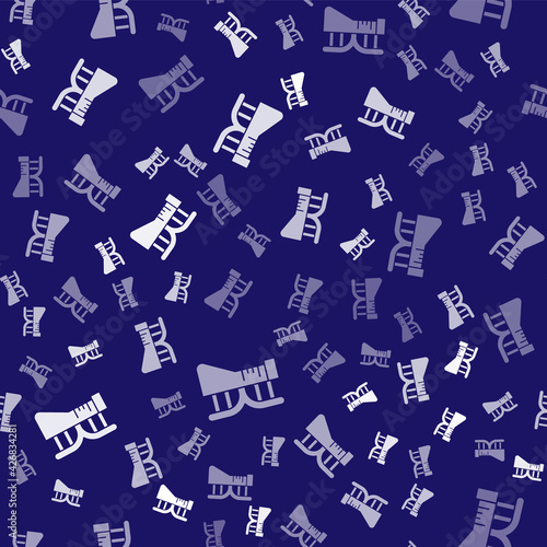 White DNA research, search icon isolated seamless pattern on blue background. Genetic engineering, genetics testing, cloning, paternity testing. Vector