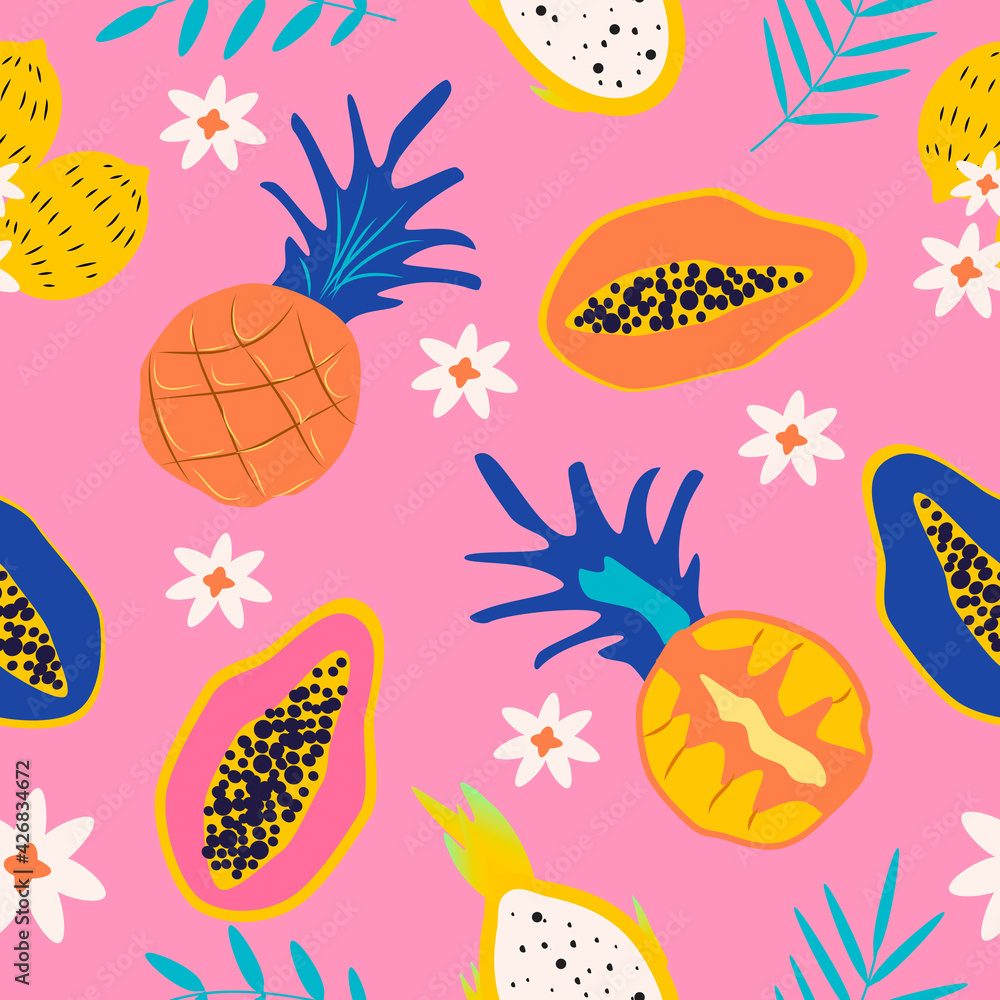 vector seamless pattern with papaya fruits, pineapple, dragon fruit and palm leaves. bright pattern in a flat style for printing onto fabric, wrapping paper. summer tropical background vector seamless pattern with papaya fruits, pineapple, dragon fruit and palm leaves. bright pattern in a flat style for printing onto fabric, wrapping paper. summer tropical background
