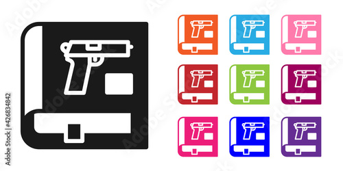 Black Book with pistol or gun icon isolated on white background. Police or military handgun. Small firearm. Weapon catalog. Set icons colorful. Vector