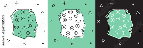 Set Face with psoriasis or eczema rash icon isolated on white and green, black background. Concept of human skin response to allergen or chronic body problem. Vector