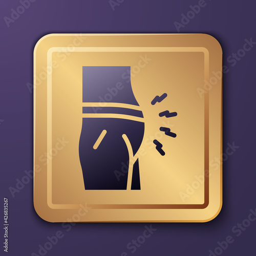 Purple Abdominal bloating icon isolated on purple background. Constipation or diarrhea. Gold square button. Vector