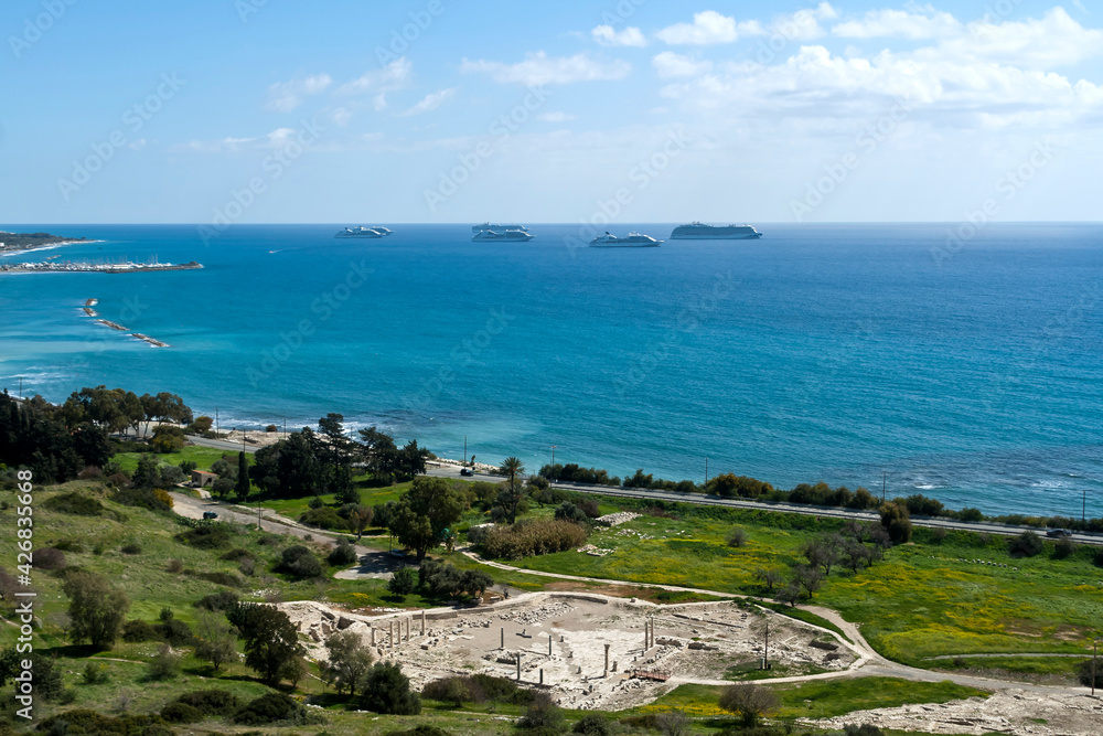 Panoramic view of Mediterranean sea and archaeological site from Amathus hill, Cyprus