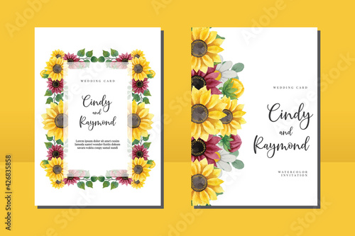 Floral Frame Wedding invitation Card set, floral watercolor hand drawn Sunflower Flower design Invitation Card Template