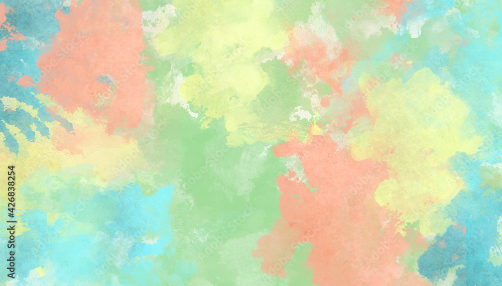 Watercolor grunge background in pastel pink, yellow, blue and green in the form of a concrete surface, a cracked wall