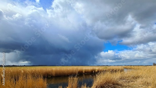 Dramatic thunder cloud over the moors of Peene mouth, Germany