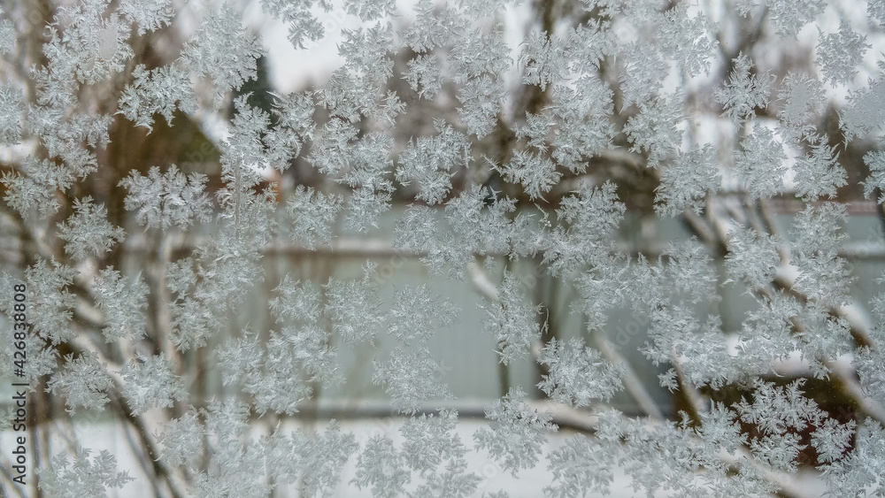 Frost on the glass of the window, winter background