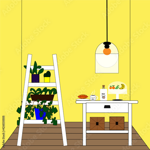 Concepto de una habitación y en la mesa hay un desayuno compuesto por pan, fruta, una botella de leche y una taza de café.