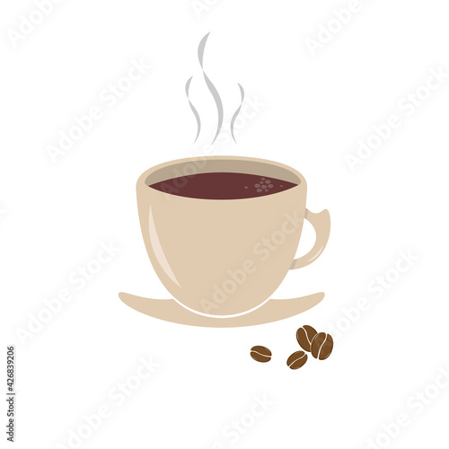 Light brown cup of coffee and coffee beans on a white background. Vector illustration. Sign  icon. For widespread use in print and web.