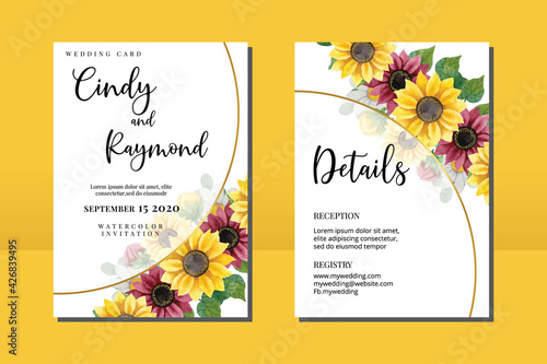 Floral Frame Wedding invitation Card set, floral watercolor hand drawn Sunflower Flower design Invitation Card Template