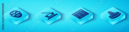 Set Isometric Hockey mask, Ice hockey cup champion, Mallet for playing air hockey and Locker or changing room icon. Vector