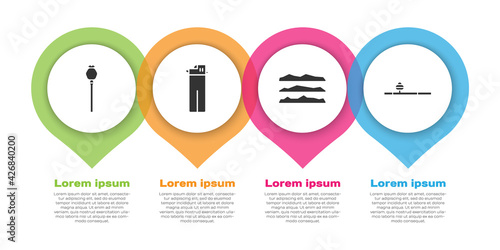 Set Opium poppy, Lighter, Cocaine or heroin drug and Opium pipe. Business infographic template. Vector