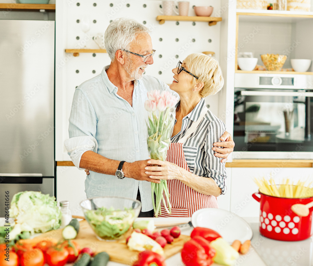 love kitchen senior woman man couple retirement happy bouquet valentines day husband wife flower love kitchen senior woman man couple retirement happy bouquet valentines day husband wife flower
