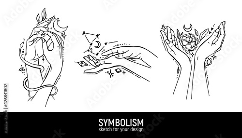Set of mystical compositions. Hands, woman, spirituality, magic and spirituality.
