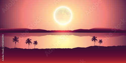 tropical landscape at night holiday banner with palm trees and full moon