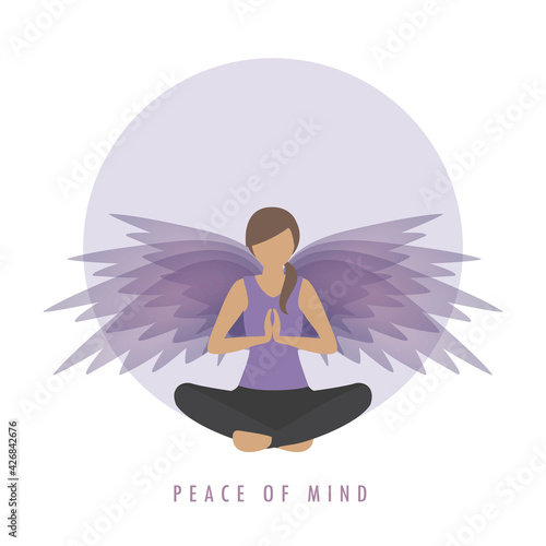 peace of mind girl in meditation pose with wings