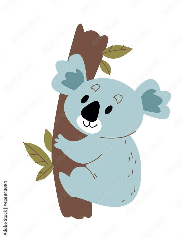 Cute koala cartoon on a tree vector. Image in cartoon style isolated on white background. Trending style and color Cute koala cartoon on a tree vector. Image in cartoon style isolated on white background. Trending style and color