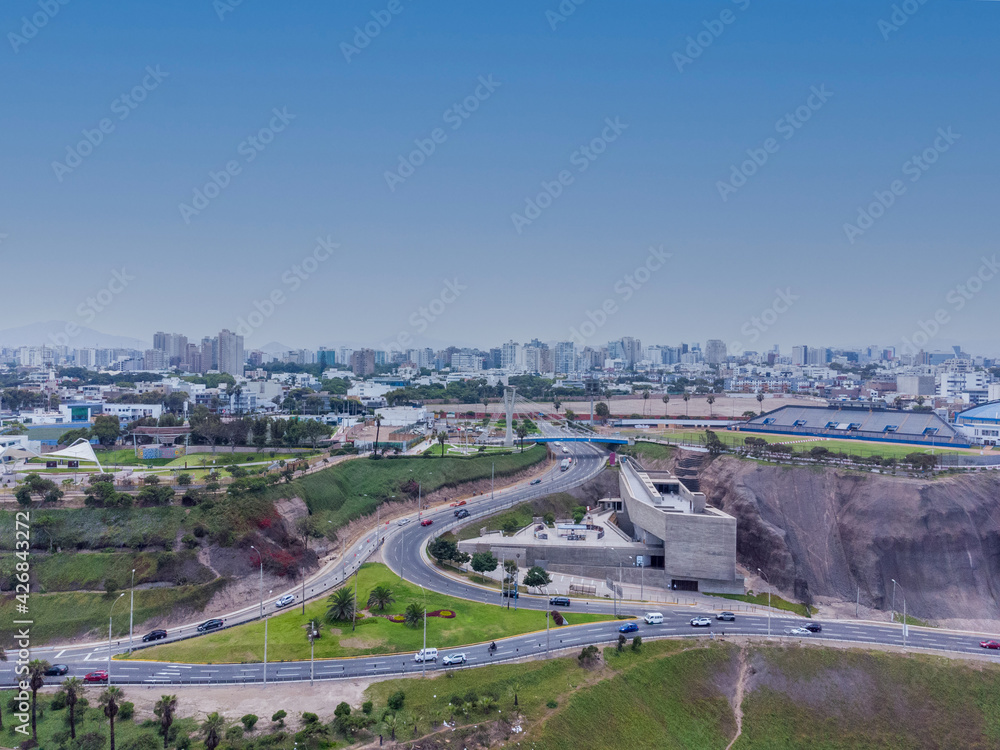 Aerial view of the LUM (The Place of Memory, Tolerance and Social Inclusion) located in the city of Lima, Peru