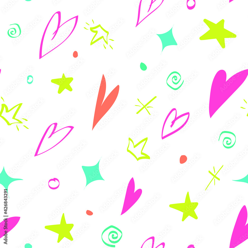 Seamless pattern for children. Bright print consisting of hearts, royal crown, stars. Vector drawing. Seamless pattern for children. Bright print consisting of hearts, royal crown, stars. Vector drawing.