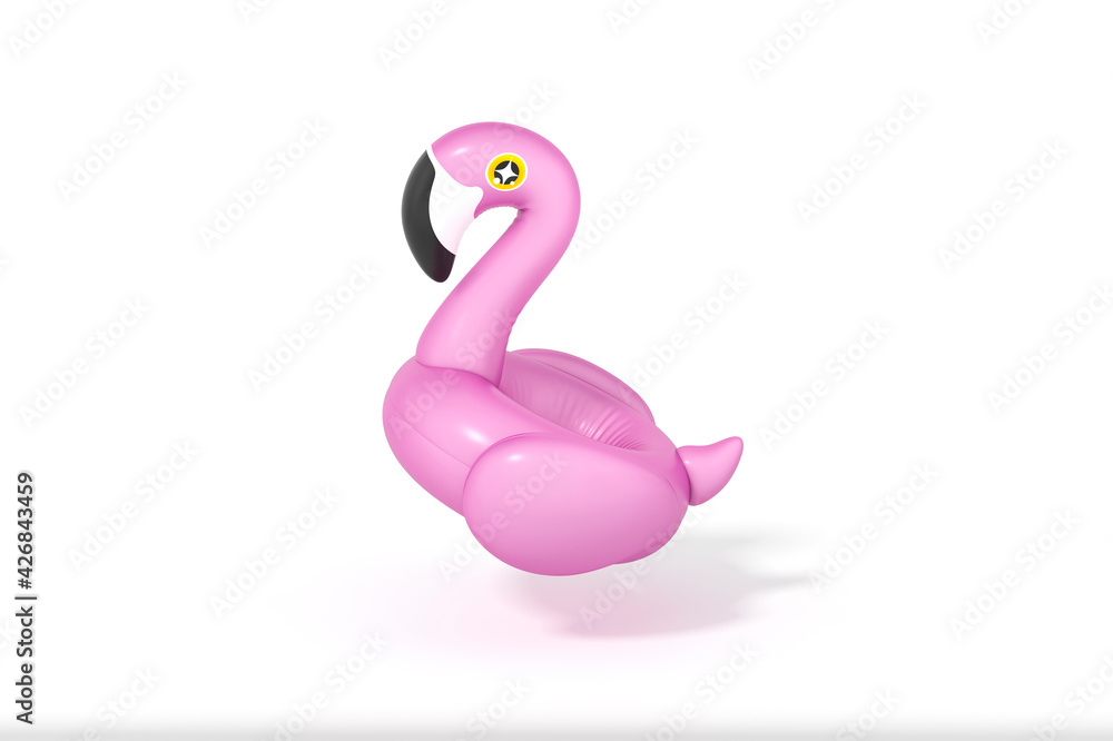 Pink Flamingo float, tropical bird shape inflatable swimming pool ring on white background 3d rendering. 3d illustration Summer minimal concept. Pink Flamingo float, tropical bird shape inflatable swimming pool ring on white background 3d rendering. 3d illustration Summer minimal concept.