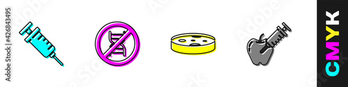 Set Syringe, Stop GMO, Petri dish with bacteria and Genetically modified apple icon. Vector