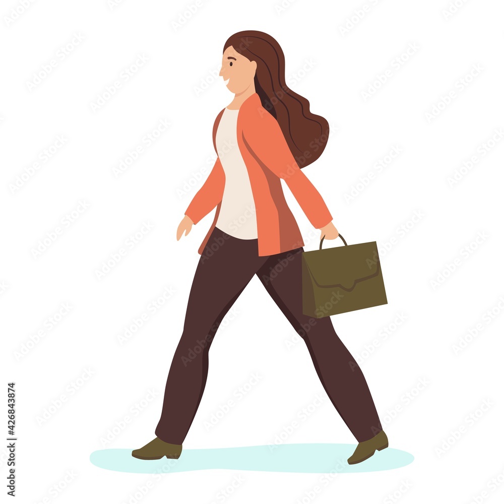 A young woman with a briefcase is walking down the street. Flat cartoon vector illustration.