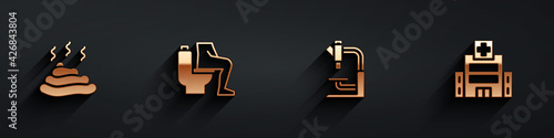 Set Shit, Constipation, Microscope and Medical hospital building icon with long shadow. Vector