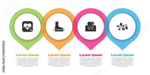 Set Heart rate, Flat foot, Tooth with caries and Medicine pill or tablet. Business infographic template. Vector