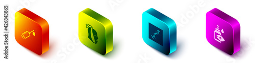 Set Isometric Syringe, Toothache, Scar with suture and Eye drop bottle icon. Vector
