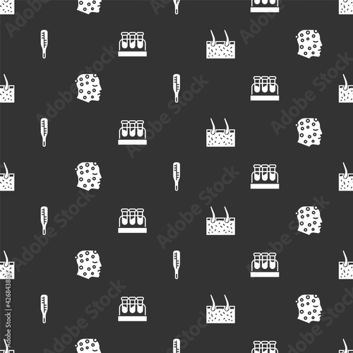 Set Hair covering skin, Psoriasis or eczema rash, Medical thermometer and Test tube with blood on seamless pattern. Vector