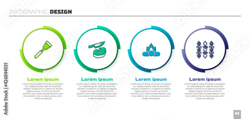 Set Spatula, Steak meat and knife, Campfire and Grilled shish kebab. Business infographic template. Vector