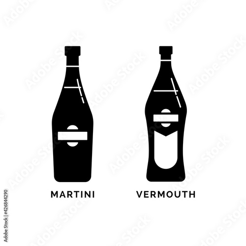 Bottle martini and vermouth as silhouette. Alcohol drink drawing. Black white. Decoration element. Bar menu design. Symbol, logo. Isolated illustration white background. Drink element