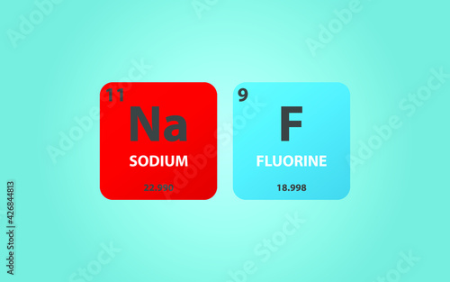 Sodium Fluoride NaF molecule. Simple molecular formula consisting of Sodium, Fluorine,  elements. Chemical compound simplified structure on blue background, for chemistry education