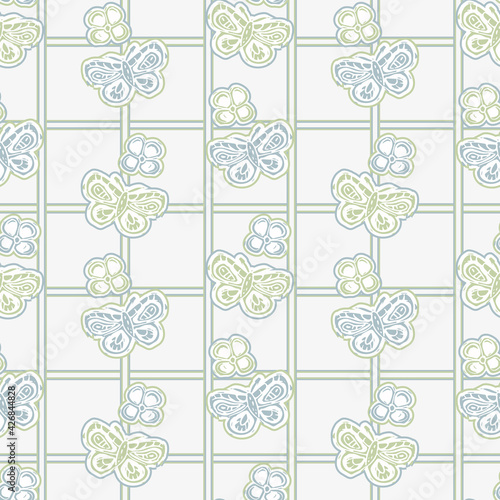 Seamless minimalist butterfly blockprint pattern background. Calm pale tonal pastel color wallpaper. Simple modern scandi unisex kid design. Organic light gender neutral baby newborn nursery print. 