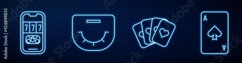 Set line Deck of playing cards, Casino poker tournament invitation, Poker table and Playing card with spades. Glowing neon icon on brick wall. Vector