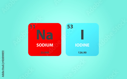 Sodium Iodide NaI molecule. Simple molecular formula consisting of Sodium, Iodine,  elements. Chemical compound simplified structure on blue background, for chemistry education