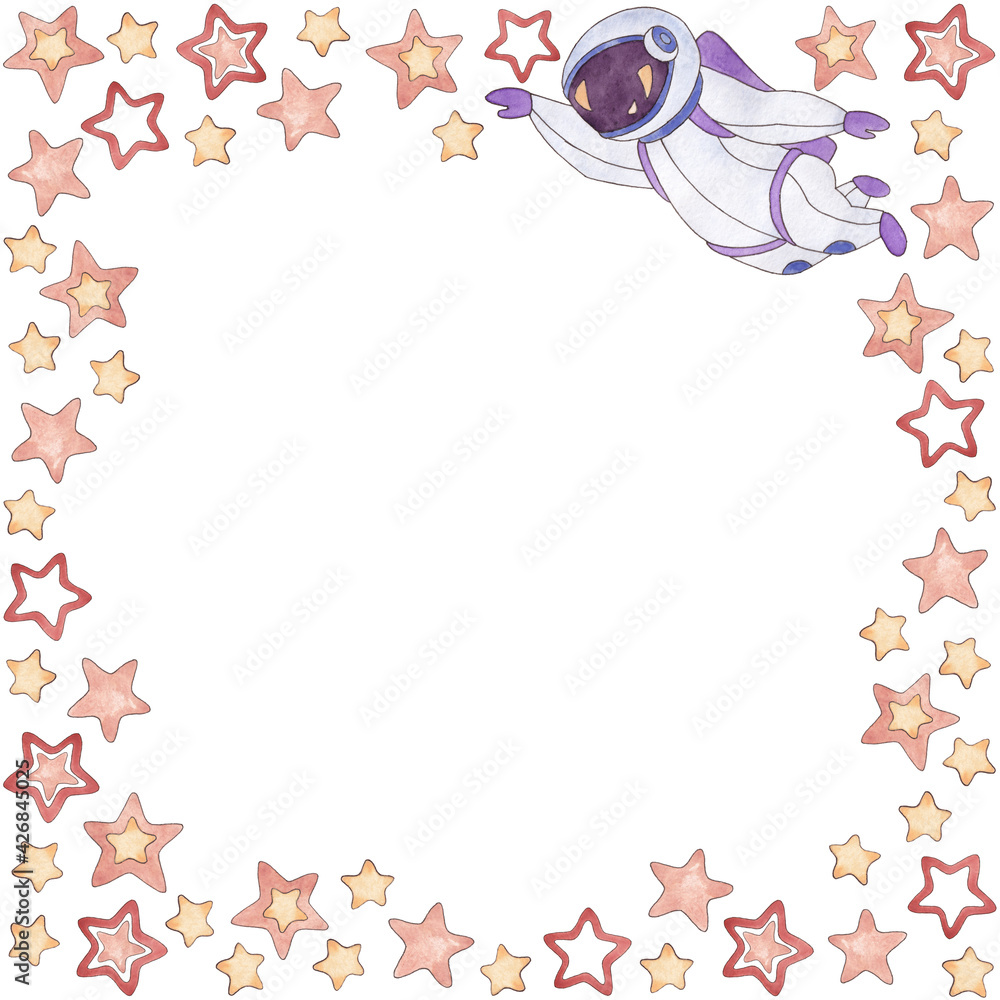 Frame from a set of watercolor illustrations of stars and flying astronaut in blue, purple, red, cream colors isolated on white background