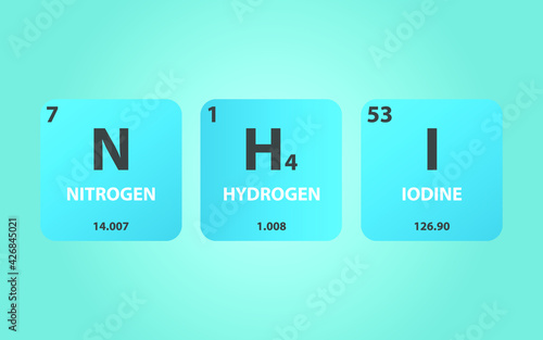 Ammonium Iodide NH4I molecule. Simple molecular formula consisting of Iodine, Hydrogen, Nitrogen elements. Chemical compound simplified structure on blue background, for chemistry education