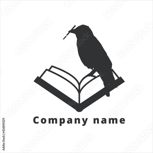 raven with a scalpel in the beak sits on an open book, black logo