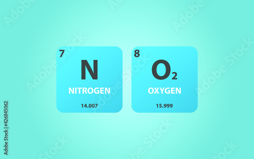 Nitrite NO2 molecule. Simple molecular formula consisting of Nitrogen, Oxygen,  elements. Chemical compound simplified structure on blue background, for chemistry education