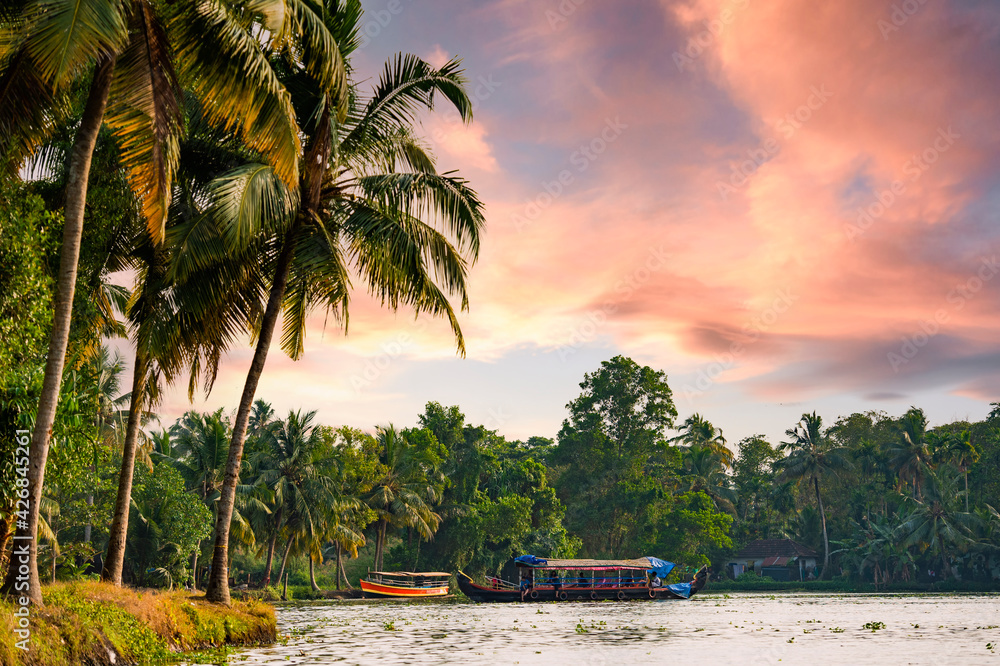 Obraz premium Stunning view of a boat sailing on the Alleppey's backwaters during a beautiful sunset. The Kerala backwaters are a network of brackish lagoons and lakes of Kerala state in southern India.