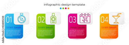Set line Compass, Sunscreen spray bottle, Calendar and airplane and Martini glass. Business infographic template. Vector