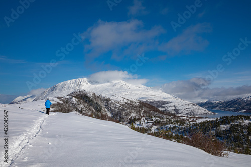 Great mountain hike on new snow _Hjortheia - Brønnøy,Helgeland,Nordland county,Norway,scandinavia,Europe