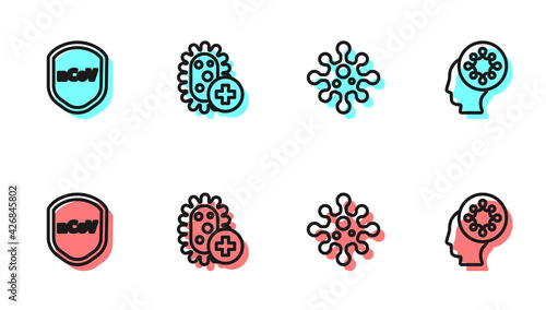 Set line Virus, Shield protecting from virus, Positive and Human and icon. Vector