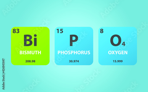 Bismuth Phosphate BiPO4 molecule. Simple molecular formula consisting of Bismuth, Phosphorus, Oxygen elements. Chemical compound simplified structure on blue background, for chemistry education
