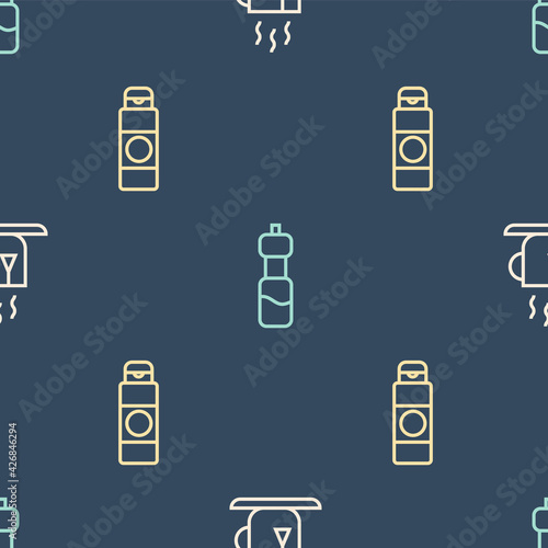 Set line Cup of tea with tea bag, Cream or lotion cosmetic tube and Bottle water on seamless pattern. Vector