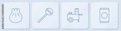 Set line Khinkali on cutting board, Fast street food cart, Lollipop and Soda can with straw. White square button. Vector