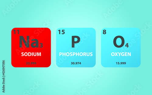 Sodium Phosphate Na3PO4 molecule. Simple molecular formula consisting of Sodium, Phosphorus, Oxygen elements. Chemical compound simplified structure on blue background, for chemistry education